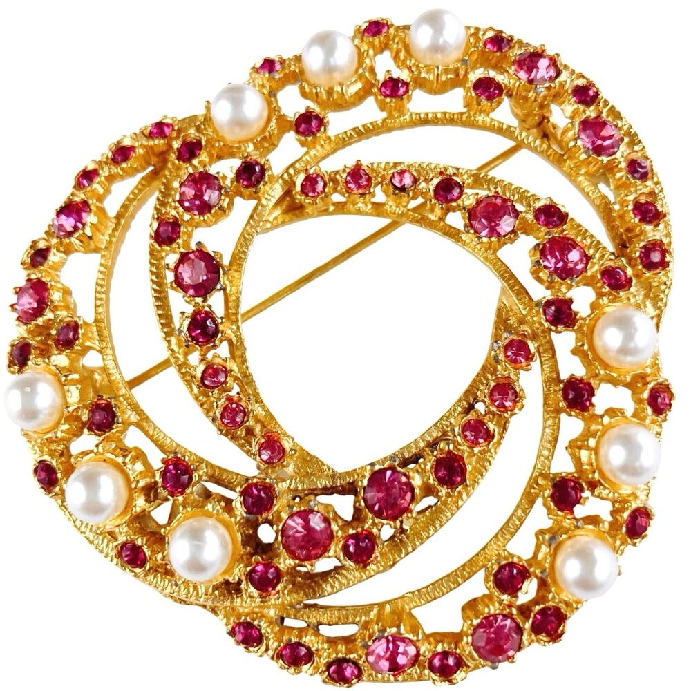 VTG Mid Century Brooch Faux Pearl Fuchsia Pink Rhinestone Layered Gold Tone Pin